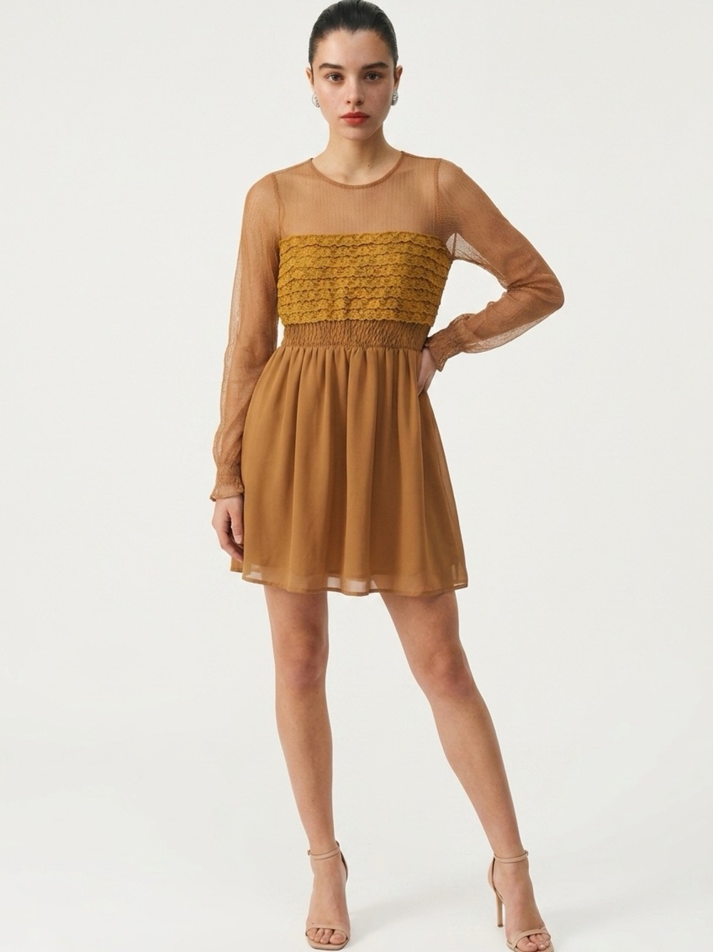 FREE PEOPLE | Golden Brown Long-Sleeve Smocked Bodice Dress Women’s Size 4